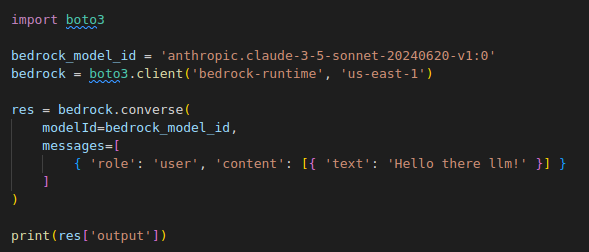 Simple python example using bedrock converse api to invoke a claude 3.5 foundation model