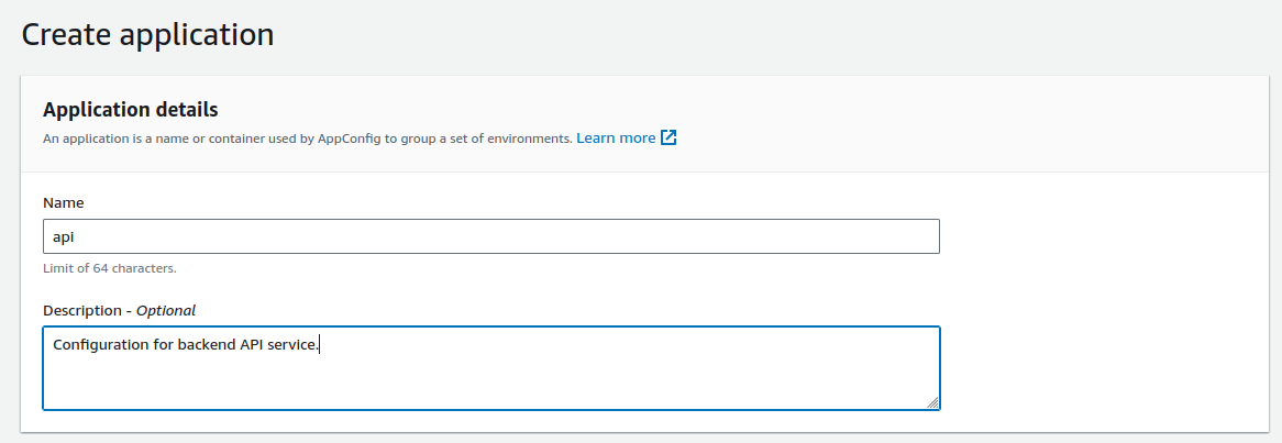 AWS AppConfig console, create application page, name = API, description = Configuration for backend API service