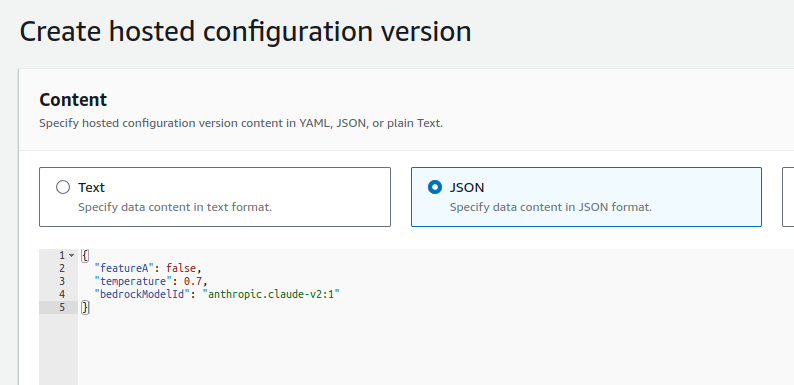 AWS AppConfig console, create config version page, JSON config is updated to temperature 0.7, bedrockModelId is anthropic.claude-v2:1