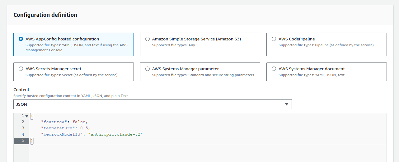 AWS AppConfig console, creation of a configuration definition, using an AWS AppConfig hosted configuration