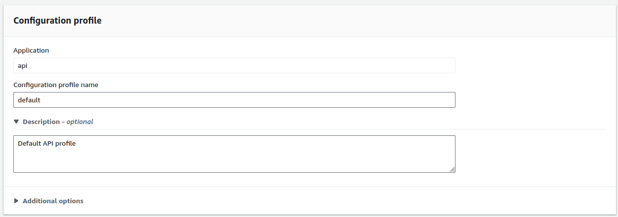 AWS AppConfig console, create configuration profile, profile name is default, description is default api profile