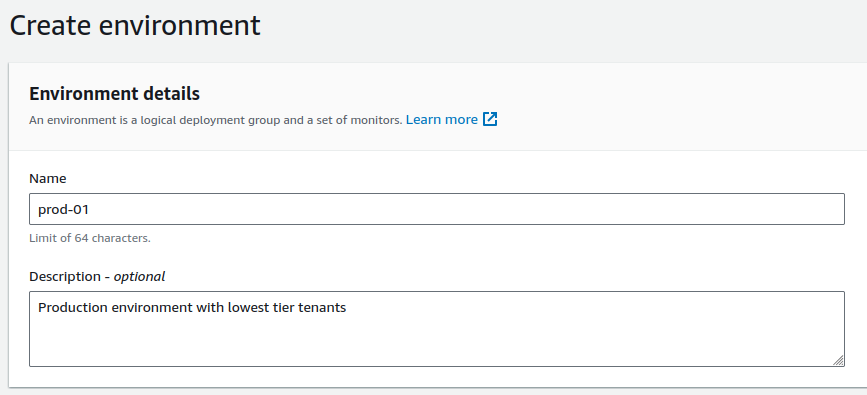 AWS AppConfig console, create environment window, name is prod-01, description is production environment with lowest tier tenants