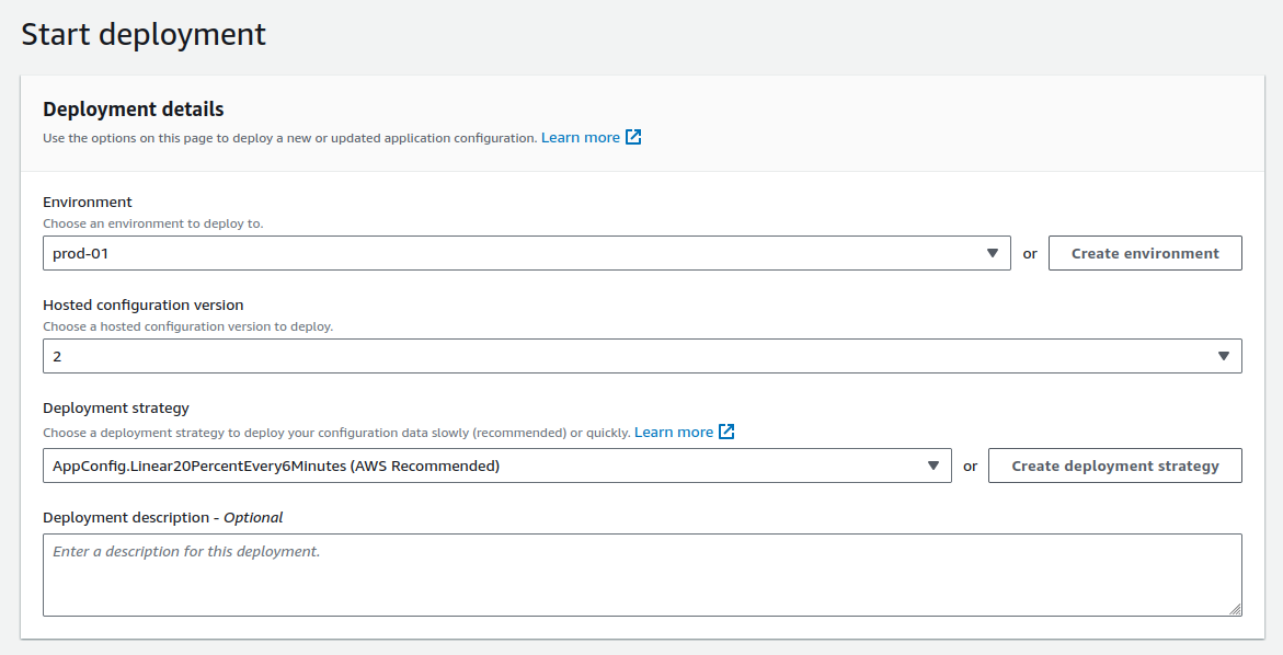 AWS AppConfig console, start deployment page, hosted configuration version is set to 2, AppConfig.Linear20PercentEvery6Minutes is selected for the deployment strategy